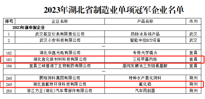 宜化新材料、宜氟特環(huán)保公司獲評(píng)2023年湖北省制造業(yè)單項(xiàng)冠軍企業(yè)(圖1)